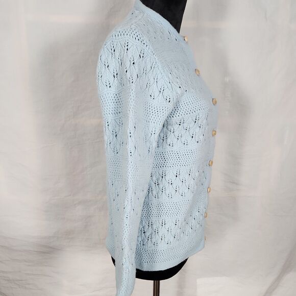 Vtg 1970s Rosanna Wintuk Blue Knit Cardigan Orlon Acrylic Round Neck Sweater - Picture 7 of 16